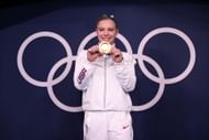Jade Carey after winning the Women's Floor Final on day ten of the Tokyo 2020 Olympicz (Photo by Laurence Griffiths/Getty Images)